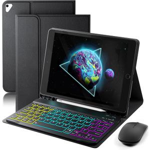 Keyboard Case for iPad 9.7 inch, iPad 6th (2018)/iPad 5th Gen(2017), iPad Pro 9.7(2016), iPad Air 2 (2014) - 7 Color Rainbow Change Backlit Magnetic Keyboard Built in Pencil Holder with Mouse- Black
