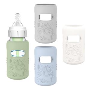 KingKam 4 Pack Silicone Sleeves for Dr. Brown's Glass Baby Bottles, Anti Breakage Baby Bottle Sleeves Holder, Compatible with Dr. Brown's Anti-Colic Options+ Narrow Glass Baby Bottles, 4 oz/120 mL (Blue + Green + White + Grey 4OZ)
