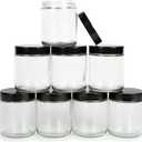 Vivaplex, Clear, 8 ounce, Round Glass Jars, with Black Lids - 8 pack