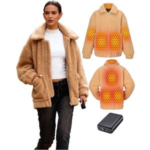 Topdot Graphene Sherpa Heated Jacket for Women with 18400mAh 12V Battery pack, Fleece Faux Jackets with 8 Heating Zones