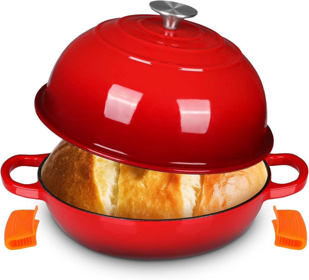 LIFERUN 6qt Enameled Cast Iron Dutch Oven for Sourdough Bread Baking, Non-Stick Dome-Shaped Bread Oven Pot with Lid, Silicone Handles and Scraper, Red