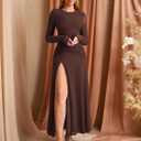 KUTUMAI Long Sleeve Slit Formal Dresses for Women 2025 Fall Wedding Guest Cocktail Party Modest Ruched Maxi Dress (Brown, S)