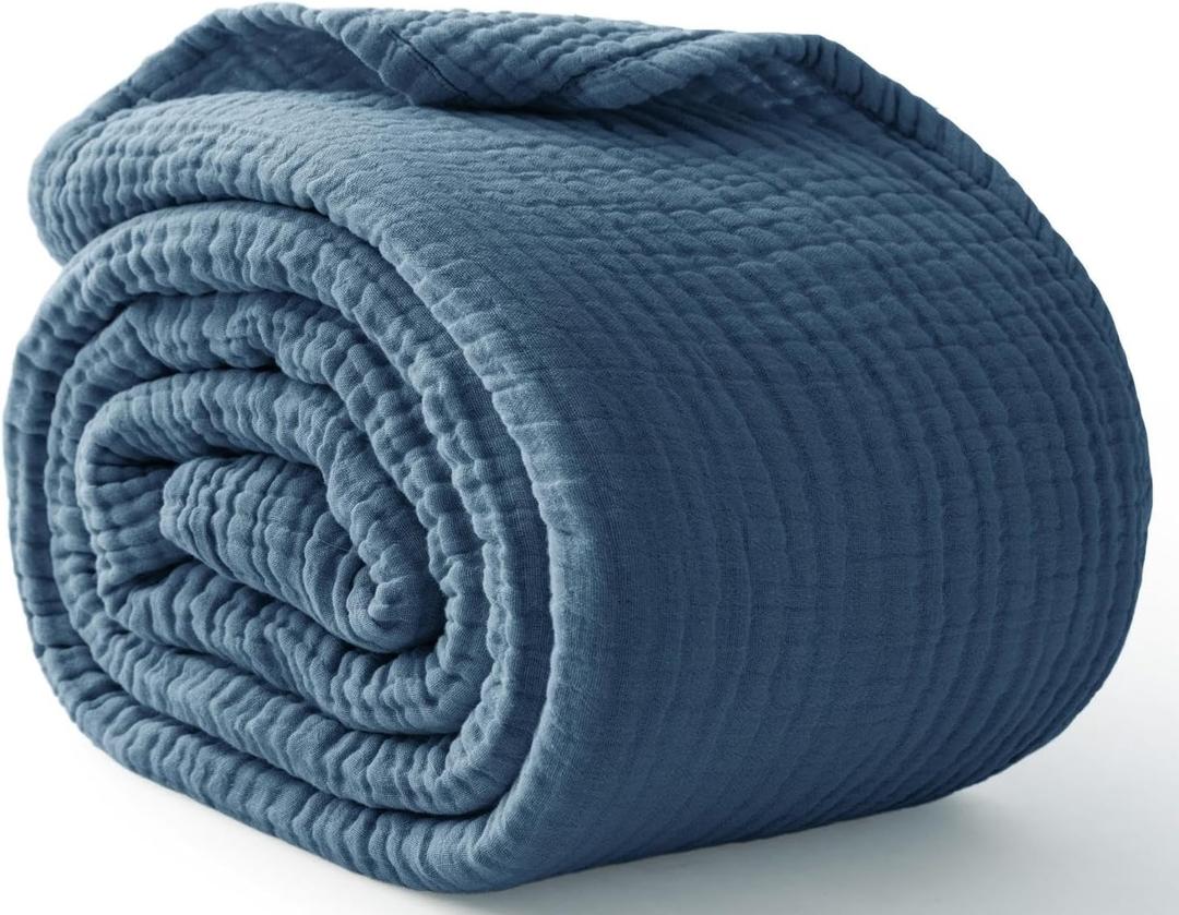100% Cotton Light Blue Throw Blanket 50" x 70", 6 Layers Large Breathable and Lightweight Cotton Blanket for Bed and Couch, Soft Quilt Bedspread, Gauze Blanket for Adults All Season, Blue (05 - Dark Blue)