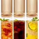 megarte 16Oz Amber Ribbed Glassware Set Of 6 – Vintage Drinking Glasses And Ribbed Glass Cups, Amber Glassware Drinkware Set For Water, Juice, Cocktails, Iced Coffee, Smoothies, Beer, Home, Parties