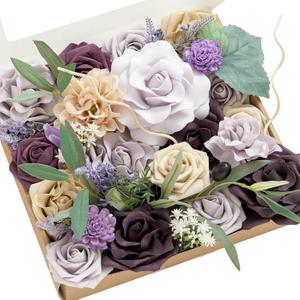 Ling's moment Fake Flowers Box, Artificial Faux Greenery Stems Silk Leaves Foam Gardenia for Wedding Bouquets Centerpieces Table Decorations Backyard Floral Arrangement, Lavender & Plum, Grand Combo