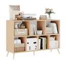 8 Cube Storage Organizer, Mid-Century Modern Wooden Bookcase with 5 Solid Wood Legs, Horizontal Cubby Bookshelf Fits 11 Inch Bins, Versatile Console TV Stand for Living Room, Kids Room, Natural