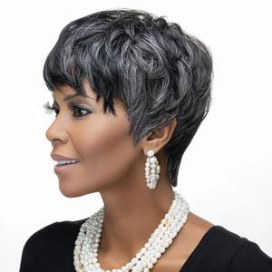 MOONSHOW Short Pixie Wigs for Black Women Pixie Cut Wigs for Black Women Short Layered Wig with Bangs for Women Synthetic Glueless Short Wig (Mixed Grey)