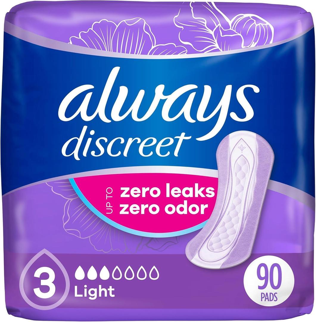 Always Discreet Adult Incontinence Pads for Women, Light Absorbency, Regular Length, Postpartum Pads, 30 Count x 3 Packs (90 Count Total) (Packaging May Vary)