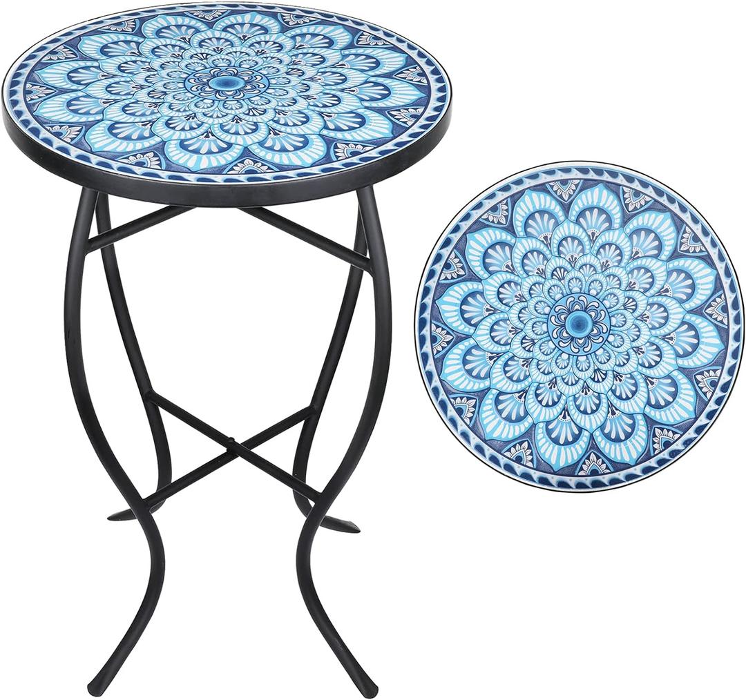 Vipush Outdoor Mosaic Side Table,14'' Round Small Patio Bistro Accent Table Indoor End Table Black Iron Plant Stand for Garden Yard Parch Balcony, Dark Blue