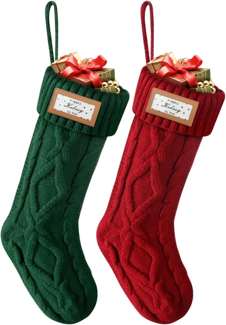 Christmas Stocking - 16 Inch Cable Knit Christmas Stockings, Cozy Hanging Xmas Stockings for Kids, Holiday and Fireplace Party Decoration, 2 Pack - Red & Green