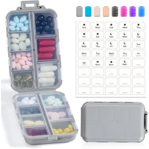 3 Pack 14 Grids Travel Pill Organizer Box with 415-Pcs Medicine Name Labels - Pocket Daily Pharmacy Case Container Kit - Travel Medication Holder Dispenser for Fish Oil Vitamin Supplement Storage