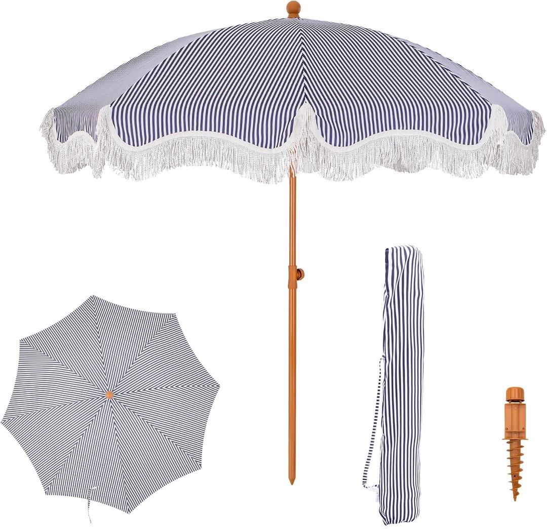 PHI VILLA 7ft Beach Umbrella with Fringe & Sand Anchor, Outdoor Patio Heavy Duty Windproof Portable Tassel Umbrellas for Sand with Push Button Tilt & Carrying Bag, UPF 50+, Stripe Blue & White