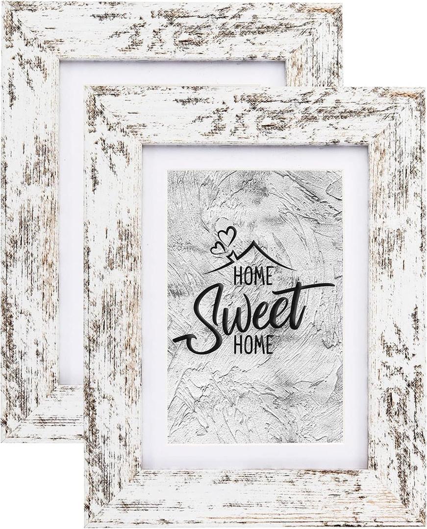 Califortree Rustic White 5x7 Picture Frame - Display Photos 4x6 with Mat or 5x7 Without Mat - Real Glass Frames for Wall and Tabletop - Set of 2