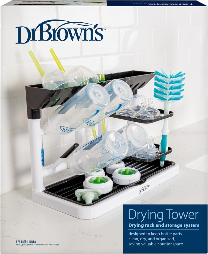 Dr. Brown's Baby Bottle Drying Tower, Stand-Up Countertop Drying Rack with Organized Storage for Baby Essentials, Space-Saving Vertical Rack, Black/White
