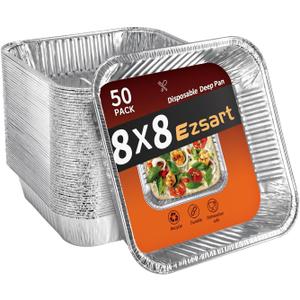 Ezsart Aluminum Pans 8x8-50 Pack Disposable Baking Pans, 8 Inch Square Tin Foil Pans, Aluminum Roasting Trays for Holiday Cooking, Heating and Baking, Christmas, Parties Meal Prep & Storage