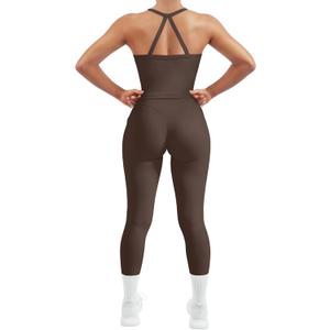 SUUKSESS Women 2 Piece Workout Sets Compression Tummy Control Leggings with Pockets Halter Built in Bra Tank Tops (Large, Brown)