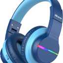 iClever BTH12 Kids Bluetooth Headphones,Colorful LED Lights Kids Headphones Wireless,74/85dBA Safe Volume,85H Playtime,Fast Charging,Bluetooth 5.2,Over Ear,Builtin Mic for iPad/Tablet/Airplane,Blue