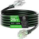 25FT 10/3 Outdoor Extension Cord, 10 AWG Ultra Heavy Duty 3-Prong SJTW, Waterproof, Flexible Cold-Resistant, Indoor/Outdoor, LED Lighted End, 15 Amp 1875W, Black & Green, ETL Listed