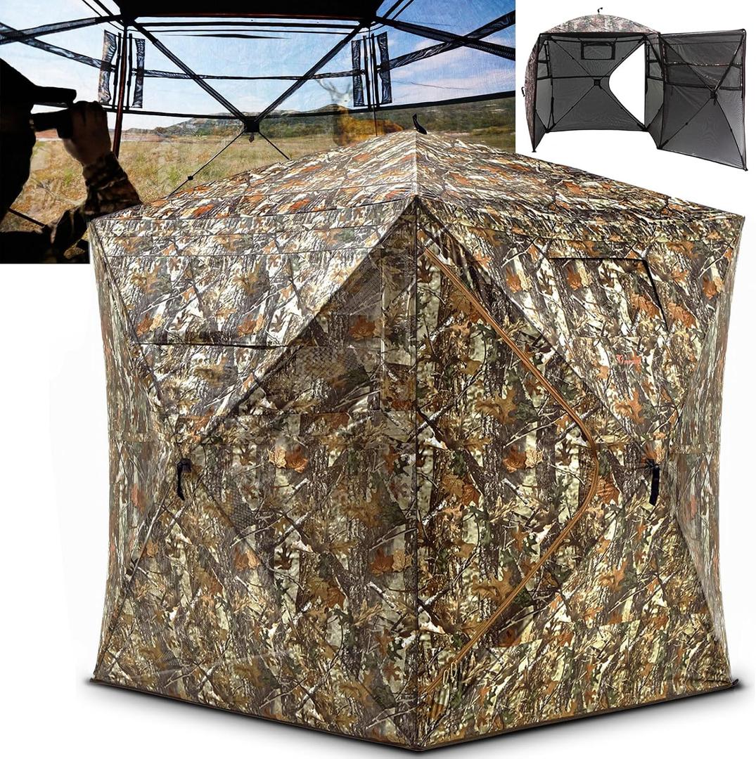 Hunting Blind 360/270 Degree See Through Ground Blind with Double Doors, Portable 2-3 Person, Pop-up Hunting Blind, Camouflage Hunting Blind