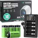 Taken CR123A Rechargeable Batteries 4 Pack, 3.7V Lithium Battery and LED Charger Compatible with Arlo Security Cameras (VMC3030/VMK3200/VMS3330/3430/3530), Flashlight, Microphone
