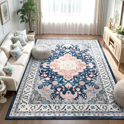 Woottpe Vintage Design Area Rugs for Living Room, 5x7 Machine Washable Floral Traditional Bedroom Rug, Low Pile Non Slip Soft Indoor Print Carpet for Entryway, Office, Kitchen, Home Decor, Grey/Blue