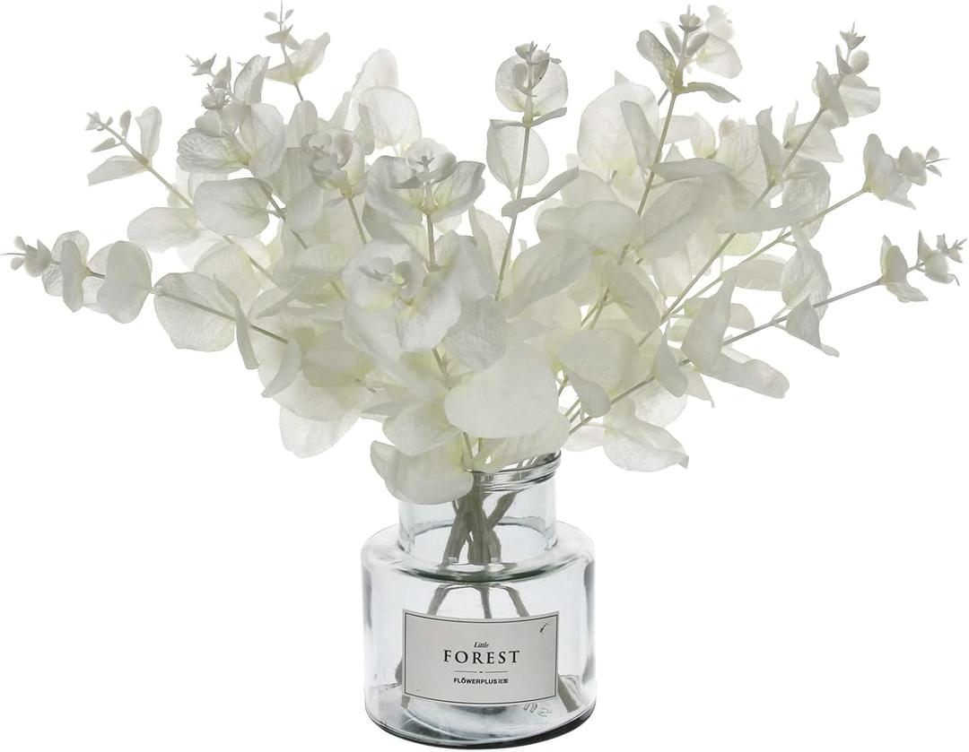 Tinsow 5 Pcs Artificial Eucalyptus Branches Real Touch Leaf Stem White Faux Eucalyptuses Wedding Bouquet Centerpiece Christmas Home Decor (White and Beige Mix, 5)