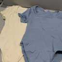 OQQ Women's 2 Piece Bodysuits Sexy Ribbed One Piece Square Neck Short Sleeve Bodysuits (Blue Beige)