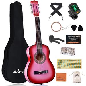 ADM Beginner Acoustic Classical Guitar 30 Inch Nylon Strings Wooden Guitar Bundle Kit for Kid Boy Girl Student Youth Guitarra Online Lessons with Gig Bag, Strap, Tuner, Extra Strings, Picks,Pink 1