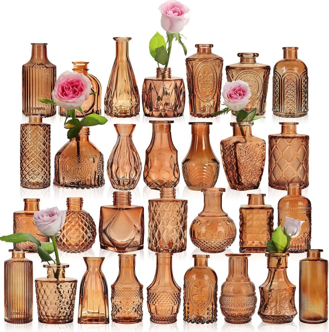 Small Bud Vases, Vintage Clear Glass Bud Vases in Bulk with Unique Embossed Patterns for Wedding Centerpieces, Table Decor, Rustic Party Reception Decorations (Amber-30pcs)