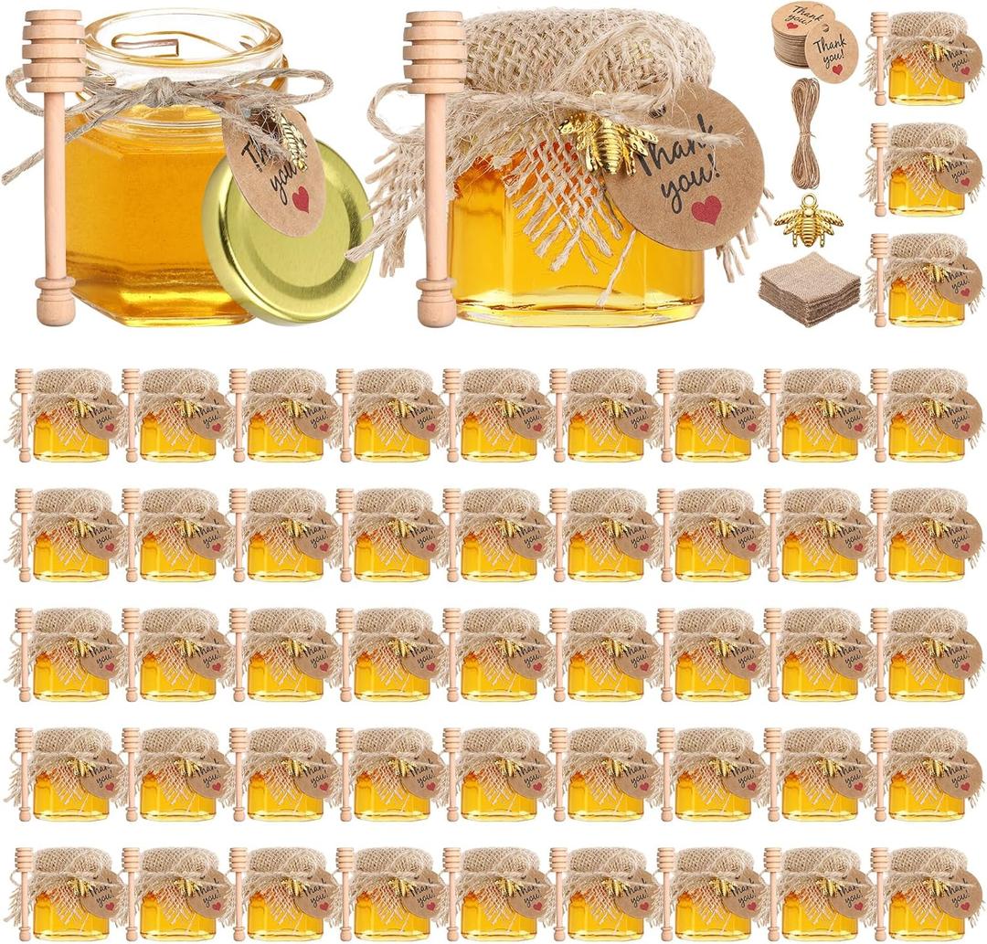 Funnymoom 30 Set Mini Honey Jars Party Favors in Bulk 1.5 oz Hexagon Glass Honey Jar with Dipper Bee Charms Thank You Cards Burlap Jute for Baby Shower Wedding Birthday Gift (Brown,Rustic)