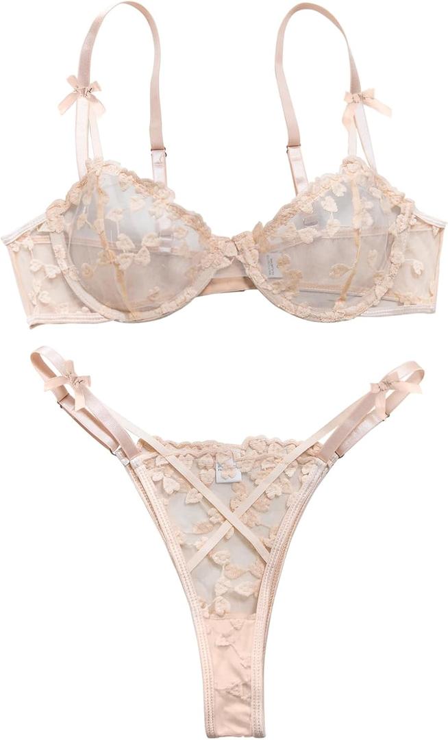 Lilosy Sexy Underwire Cute Push Up Strappy Embroidered Mesh Sheer Lingerie Set See Through Panty Bra (Large, Bow Beige)