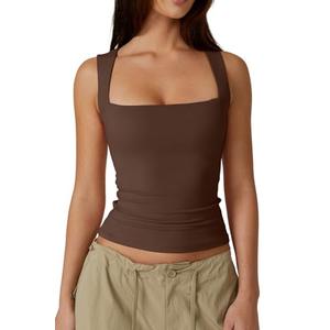QINSEN Womens Tank Top Sleeveless Square Neck Casual Basic Fitted T- Shirts Brown XS