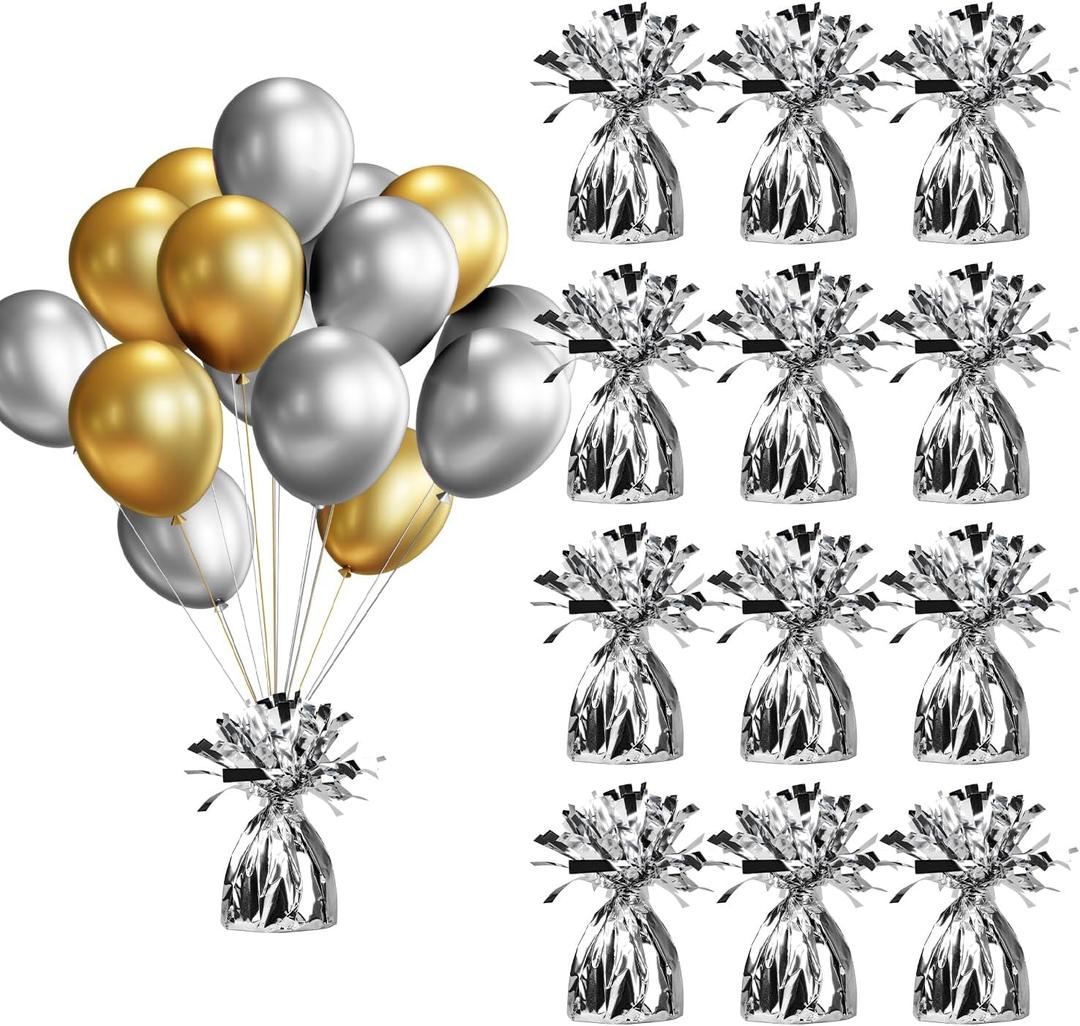 12PCS Balloon Weight Metallic Heavy Solid Balloon Pendant Pack Holder For Table Centerpieces Birthday Wedding Chrismas Party Decoration (Metallic Silver)
