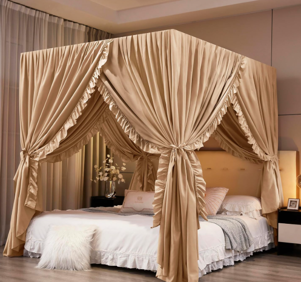 Mengersi Beige Canopy Bed Curtains Queen Size,Royal Breathable Lightweight Private Space-Elegant Bed Curtains Bedroom Decoration Accessories for Adults