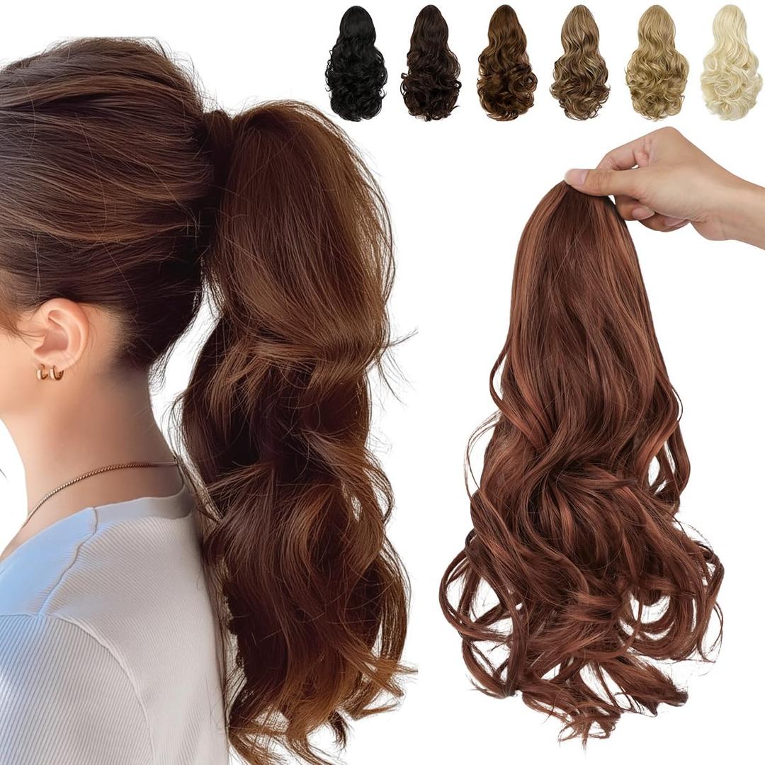 FELENDY 15" Ponytail Extension Drawstring Curly Wavy Ponytail Extensions Clip in Long Pony Tails Hair Cute Synthetic Piece for Women Light Brown mix Light Auburn