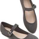 BABUDOG Womens Mary Jane Flats with Strap,Faux Suede Black Flats Shoes,Flats Shoes Women Dressy Comfortable (11, Grey)