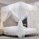 VETHIN 4 Corners Post Ruffle Princess Bed Canopy Curtain-Double Layer Cozy Drape Netting 4 Opening Mosquito Net for Girls Adults Bedroom Decoration (White/White, 59" W*82" L*82"*H/(Queen))