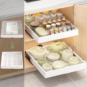 1 Pcs Pull Out Drawers for Cabinets Organizer Expandable Width(11.8"-19.4"), Depth(16.45"-21.7") With 3 Rails, No Drill Roll Out Drawer, Adhesive Sliding Drawers (White)