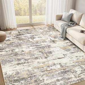 Area Rugs for Living Room: 7x9 Abstract Washable Rug Modern Neutral Large Soft Stain Resistant Non-Slip Backing Machine Table for Bedroom Dining Room Indoor Home Office Carpet - Gold Brown
