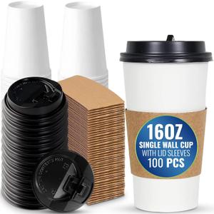 SNH Packing 100 Pack 16 oz Single Wall Disposable Coffee Cups with Lids and Sleeves Leak-Proof Hot Beverage Cups, Eco-Friendly To Go Paper Cups, Sturdy, Insulated, Compostable White Coffee Cups