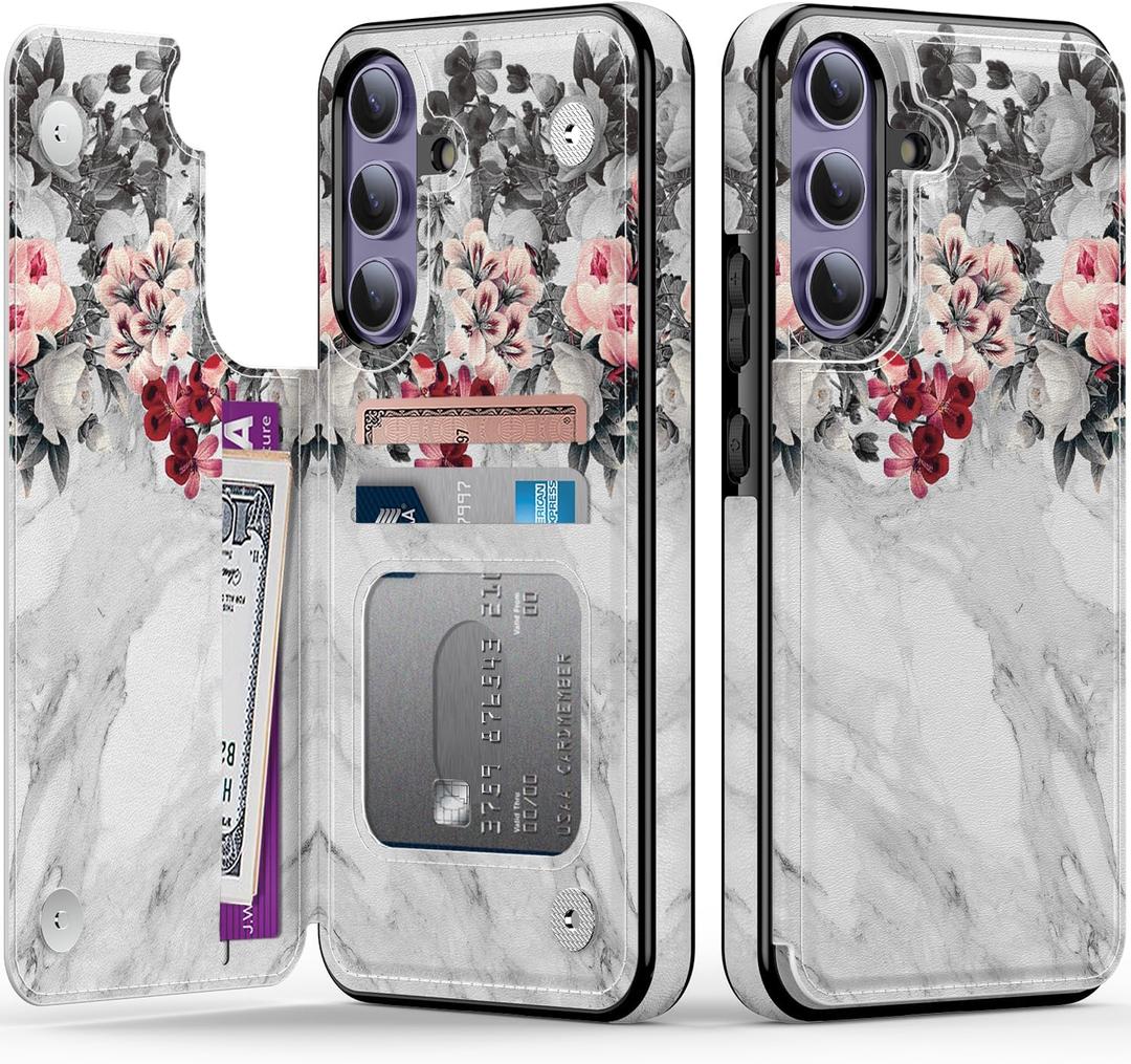 Goodon for Samsung Galaxy S24 Case Wallet - Flip Folio Leather Cover with Trendy Floral Design, 3 Card Slots & Kickstand Function, Protective Phone Case for Women and Girls - Flowers and Grey Marble