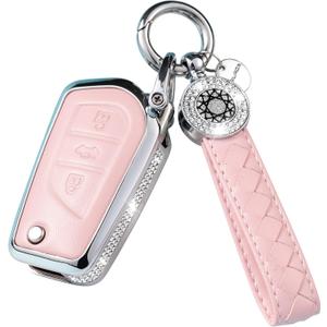RUABIBAN Compatible with Toyota Key Fob Cover with Keychain, Pink Genuine Leather Crystal Key Case Protection Shell for Fortuner Tundra Camry RAV4 Highlander Corolla 3 Buttons Key