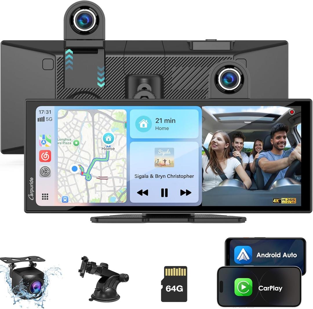 Carpuride Carplay Screen for Car with 4K Dash Cam & 1080P Backup Camera 11.26" Portable Car Play Touchscreen Wireless Carplay & Android Auto, Loop Recording, Voice Control, GPS Navigation, Mirror Link