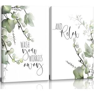 2 Pcs Bathroom Wall Art Sage Green Canvas Wall Decor Plant Pictures Prints Posters Minimalist Frames Paintings Modern Artwork for Restroom Washroom Spa Toilet Home Decorations Ready To Hang 12x16in