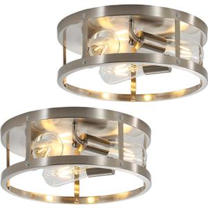 3-Light Semi Flush Mount Ceiling Light, 13inch Brushed Nickel Metal Cage Light Fixture Ceiling Mount, Farmhouse Closed to Ceiling Mount Lamps, Industrial Pendant Lighting, 2 Pack