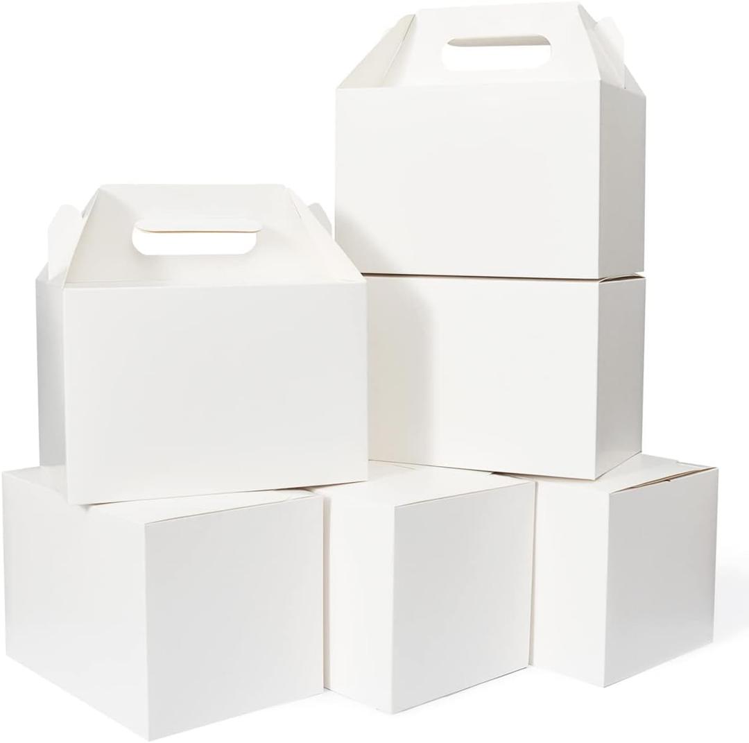 Happyhiram 30 CT Large Welcome Boxes with Handles White, 9x6x6 Gable Gift Easter Boxes Cardboard Paper Party Favor Boxes Barn Style Carry Out Box Recyclable Paper Gift Packaging Boxes for Food Box Lunch Cookies Donuts Baby Shower Bridal Shower Wedding