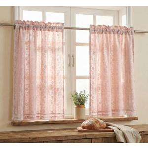 PONY DANCE Linen Pink Short Curtains for Living Room, Farmhouse Thermal Insulated Room Darkening Curtains, Double Layer Curtain for Girls' Bedroom, 29W x 36L, Blush Pink, 2 Panels