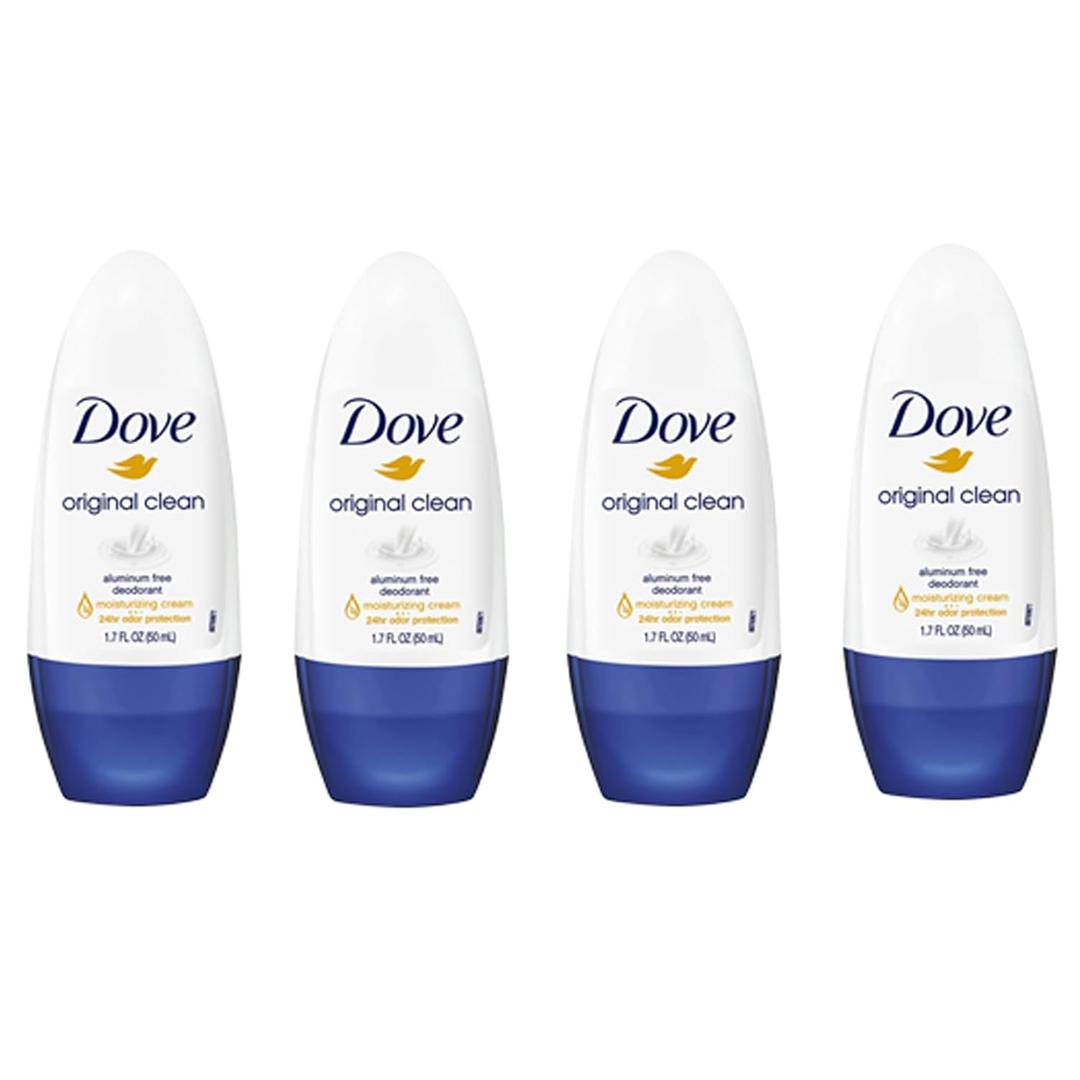 Dove Original Clean Roll On Deodorant, Aluminum Free, All Day Odor Protection, 4-Pack, 1.7 FL Oz Each, 4 Bottles