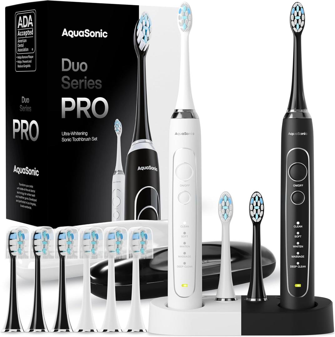 Aquasonic Duo Series PRO Ultra-Whitening Electric Toothbrush Set 5 Modes & Smart Timers Premium Travel Cases & 10 Proflex Brush Heads ADA Accepted Toothbrushes