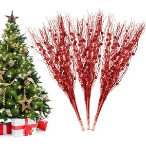 Losris Christmas Artificial Glitter Berry Stem Decorations Decorative Bead Sticks Xmas Picks Glittery Twigs Branches for Christmas Tree Wreath Gift Vase Decor Party Ornaments Red 24 PCS